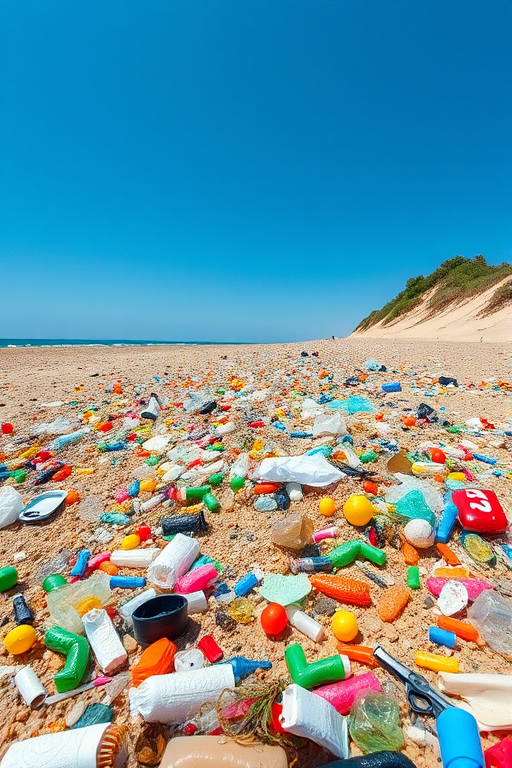 photograph a littered beach covered in colorful plastic debris under a clear blue sky using a DSLR camera with a 24mm lens, aperture set to f/8, ISO 100, and a shutter speed of 1/250s, capturing a wide angle to emphasize the vast amount of waste and natural landscape.