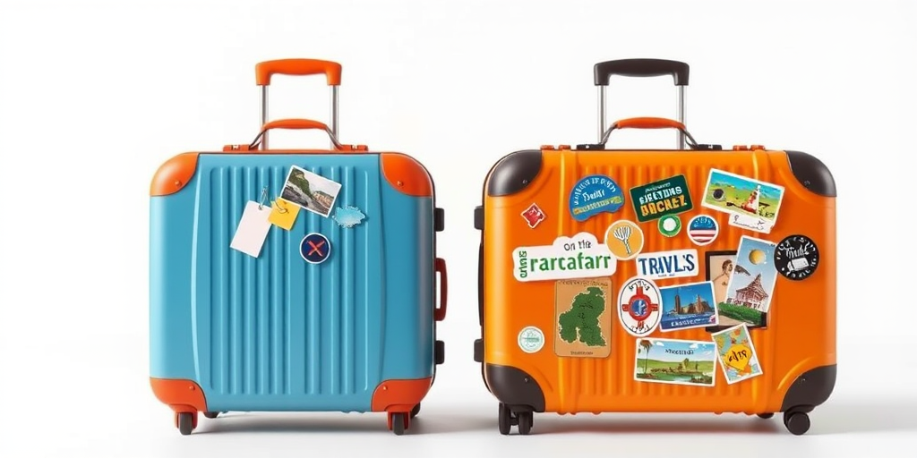 Create an illustration of two travel suitcases, one orange and one blue, with various travel stickers on them, shot with a DSLR camera, aperture f/8, ISO 100, 50mm lens, bright studio lighting, high-resolution digital art style.