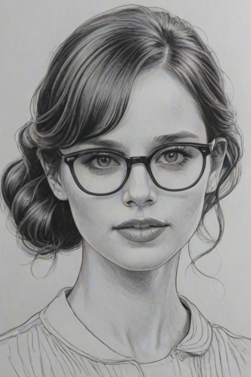 Dazzling Felicity Jones, pencil sketch, portrait of Graceful woman 1947s in glasses, hair style beatnik, outline, clear lines, fine lines, 8k
