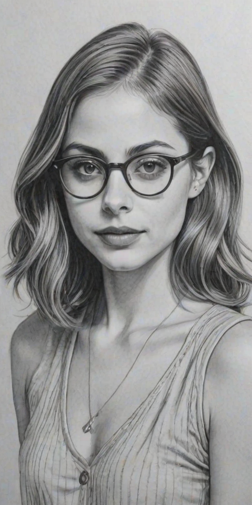 Charming Willa Holland, pencil sketch, portrait of Superb woman 1932s in glasses, hair style beatnik, outline, clear lines, fine lines, 8k