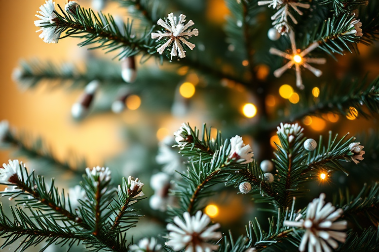 Generate a high-resolution Christmas tree scene with white snowflakes on a warm golden background, using a DSLR camera with a 50mm lens, aperture set to f/1.8, ISO 100, and a shallow depth of field to create bokeh effects.
