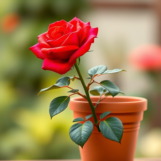 Create a vibrant digital illustration of a red rose blooming in a terracotta pot, focusing on bold colors and clean lines, with a soft-focus background, using a DSLR camera at f/4 aperture, 50mm lens, and 1/125 shutter speed for sharpness.