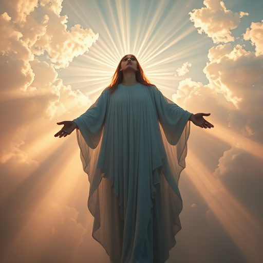 Create an ethereal scene of a radiant figure surrounded by glowing clouds and light beams, shot with a Canon EOS R5, 50mm lens, f/1.8 aperture, ISO 100, in a dramatic low angle view to emphasize the figure's grandeur, utilizing soft, diffused lighting for a heavenly atmosphere.