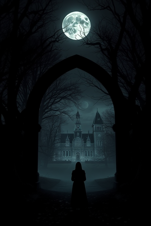 Create a dark fantasy scene featuring a silhouetted figure standing under a moonlit archway, with eerie trees and a gothic mansion in the background, captured with a full-frame camera at f/2.8, ISO 100, 24mm lens, in a high dynamic range style for enhanced contrast and detail.