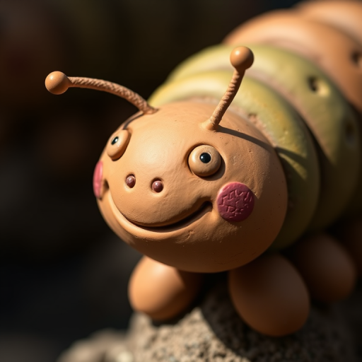 Create a highly detailed close-up image of a whimsical clay caterpillar sculpture with a smooth texture and a friendly smile, shot with a 50mm lens at f/2.8, ISO 100, and 1/125s in natural lighting, emphasizing the earthy colors and craftsmanship.