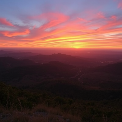 Generate an image of a tranquil landscape at sunset with vibrant colors, using a DSLR camera, aperture f/8, shutter speed 1/125 sec, ISO 200, wide-angle lens, taken from a high vantage point for expansive view.