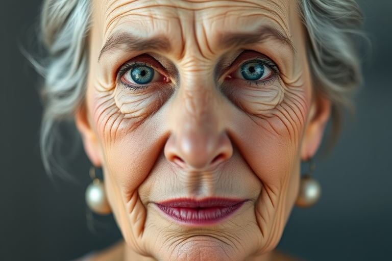 Generate a hyper-realistic portrait of an aging woman with half of her face showing youthful features and the other half depicting intricate wrinkles and aging signs, shot with a Canon EOS R5, 85mm f/1.2 lens, bright and soft natural lighting, and a shallow depth of field for enhanced detail and clarity.