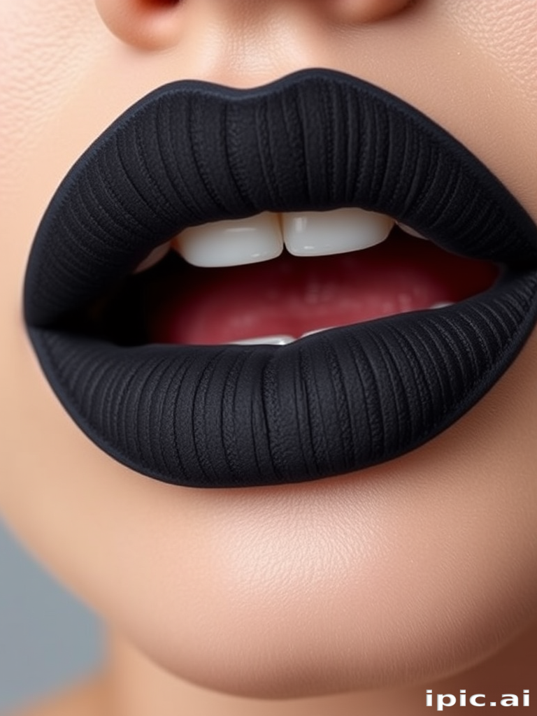 Velvet-textured charcoal lips make a bold statement in the "Midnight Velour" design, featuring a deep, smoky grey hue with a soft, touchable finish that adds depth and drama to any makeup look, perfect for edgy fashion events or creating a striking contrast against pale skin tones