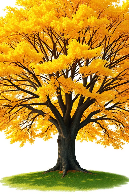 create a vibrant illustration of a tree with bright yellow foliage and a grassy base, using a DSLR camera with a 50mm lens at f/2.8, ISO 100, in natural light, with a shallow depth of field for enhanced detail and clarity.