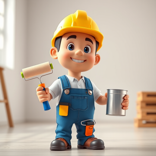 Create a 3D rendering of a cartoon construction worker holding a paint roller and a paint can, wearing a yellow hard hat, blue overalls, and a white shirt, in a well-lit studio environment, with a Canon EOS R5 camera, 50mm f/1.8 lens, ISO 100, f/2.8 aperture, and a slight depth of field to enhance focus on the character.