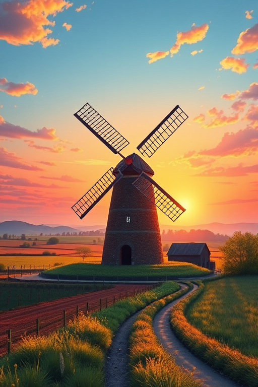 Create a vibrant illustration of a windmill with four large sails, set in a picturesque rural landscape, viewed at sunrise with a soft focus effect, using a DSLR camera with a 50mm lens, aperture f/2.8, ISO 100, and a slight vignette for depth.