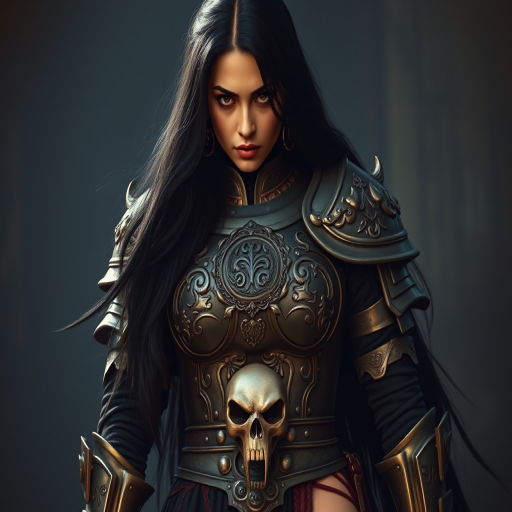 Create a photo of a fierce Afghan female warrior with long black hair, wearing an ornate, metallic armor. The armor includes a breastplate with intricate designs, shoulder guards, and gauntlets. The breastplate is decorated with a central emblem, possibly representing a mythical symbol, and has a sculpted, form-fitting design. She wears a belt with a large skull ornament at the center, and her armor extends into a partial skirt, revealing one leg. The overall look is both protective and stylish, with a dark, gothic aesthetic. The background is dimly lit, suggesting a medieval or fantasy setting, enhancing the warrior's imposing presence and intense expression.