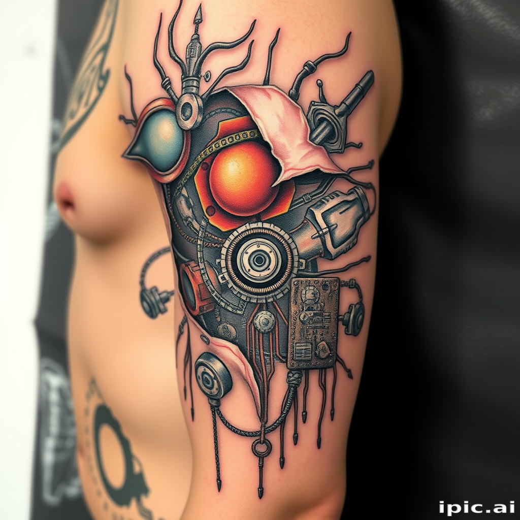 Biomechanical tattoo titled "Cybernetic Fusion" blending organic forms with mechanical components, creating the illusion of skin peeling away to reveal complex machinery and circuitry underneath, with a mix of metallic and flesh-toned colors
