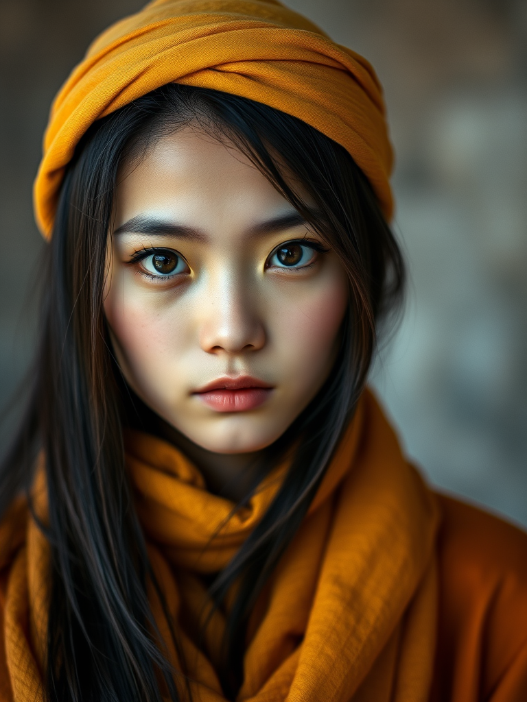 Create a portrait of a young Manchu woman with long, dark hair and captivating hazel eyes. She is wearing a Yellow headscarf and a matching scarf draped gracefully around her neck. The background is softly blurred, focusing attention on her serene and natural expression. The overall color palette is muted and warm, enhancing the intimate and authentic feel of the portrait.
