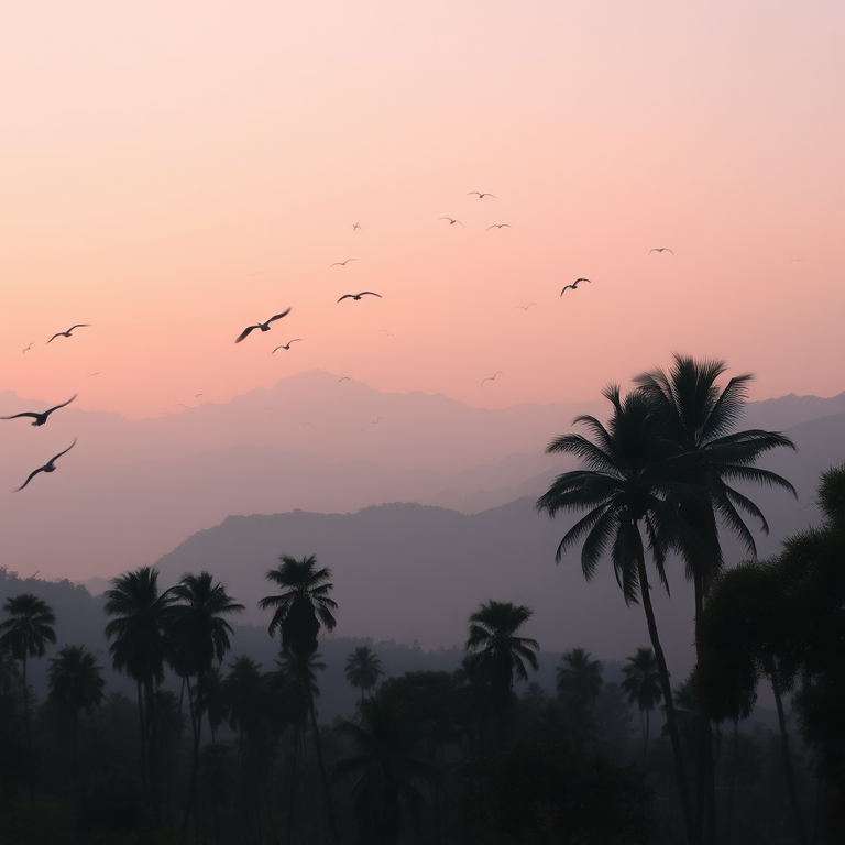 generate a serene landscape with mountains in the background, a gradient sky transitioning from pink to blue, silhouettes of tall trees and palm trees in the foreground, flocks of birds flying, shot with a DSLR camera at f/8 aperture, ISO 100, 24mm lens, in a wide-angle view, with soft pastel colors for enhanced image quality.