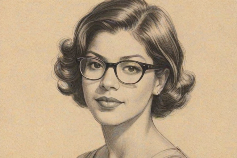 Attractive Andrea Navedo, pencil sketch, portrait of Graceful woman 1928s in glasses, hair style beatnik, outline, clear lines, fine lines, 8k