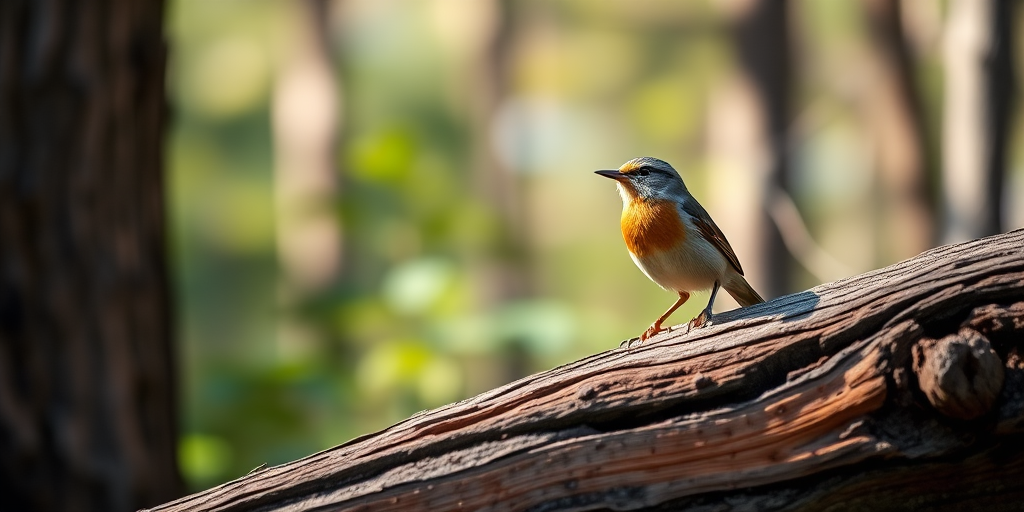 Capture a detailed image of a bird perched on a log in a forest setting, using a Canon EOS R5, 85mm lens, aperture f/2.8, ISO 400, shutter speed 1/200s, natural light, shallow depth of field, and a slightly blurred background to emphasize the bird and its surroundings.