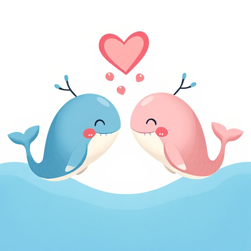 Create an illustration of two cartoon whales facing each other with a heart and bubbles between them, using a bright color palette, in a whimsical style, captured with a DSLR camera at f/2.8, ISO 100, and a 50mm lens, with a shallow depth of field to enhance image quality.