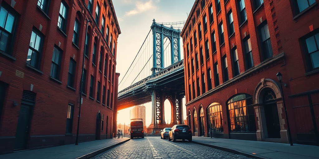 Capture a vibrant shot of the Manhattan Bridge from a cobblestone street framed by red brick buildings during golden hour, using a Canon EOS R5 with a 35mm f/1.4 lens at ISO 100, aperture f/8, and a shutter speed of 1/250 sec for enhanced detail and color saturation.