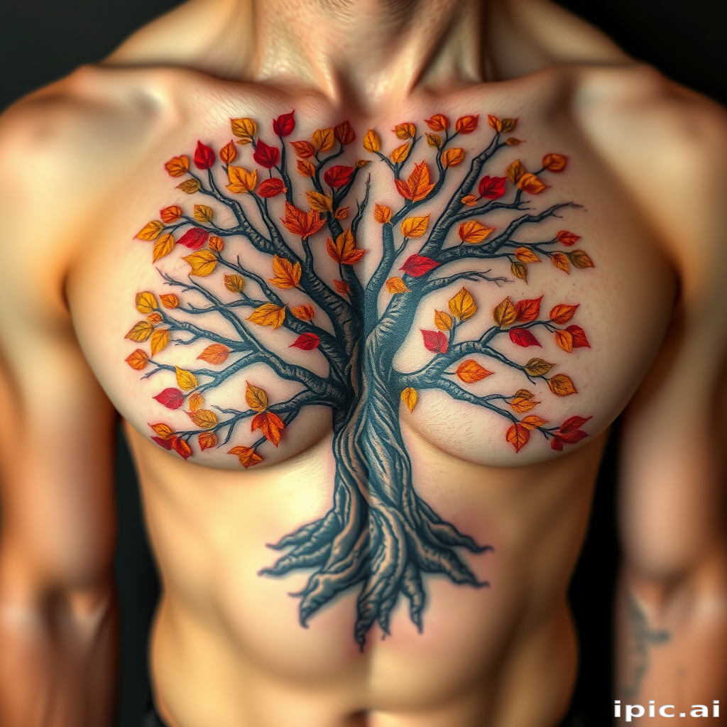 Realistic 3D body tattoo of a tree of life emerging from the skin on the chest, incorporating lifelike bark texture and vibrant autumn leaves for a stunning visual impact