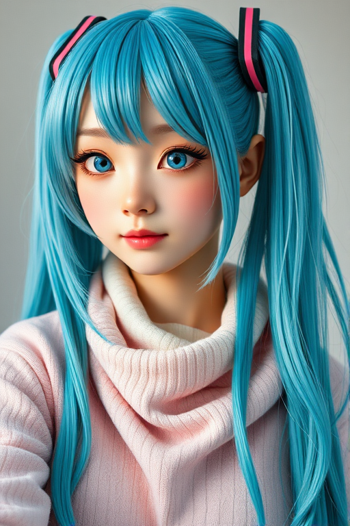 SuchFailSelfie, a portrait comparison of Realistic photo portrait Hatsune Miku wearing the same cloth, Top is she good looking portrait.