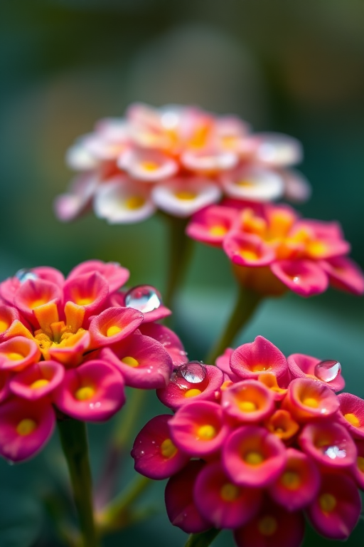 macro shot of Lantana flowers with dew drops, shallow depth of field, f/2.8 aperture, 50mm lens, 1/100s shutter speed, ISO 100, natural light, soft focus background.