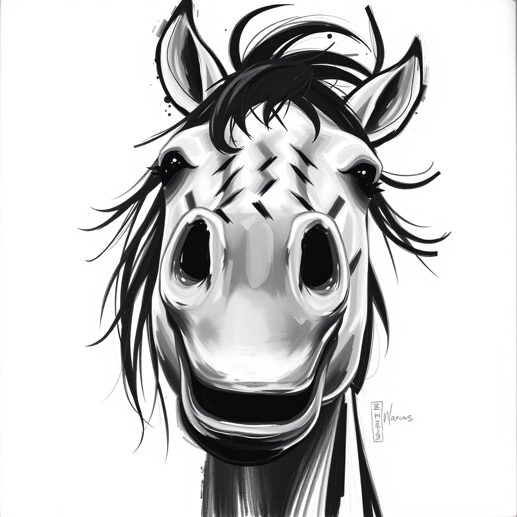 Abstract black and white acrylic portrait of an over exaggerated laughing (horse). Minimalism style. White background.