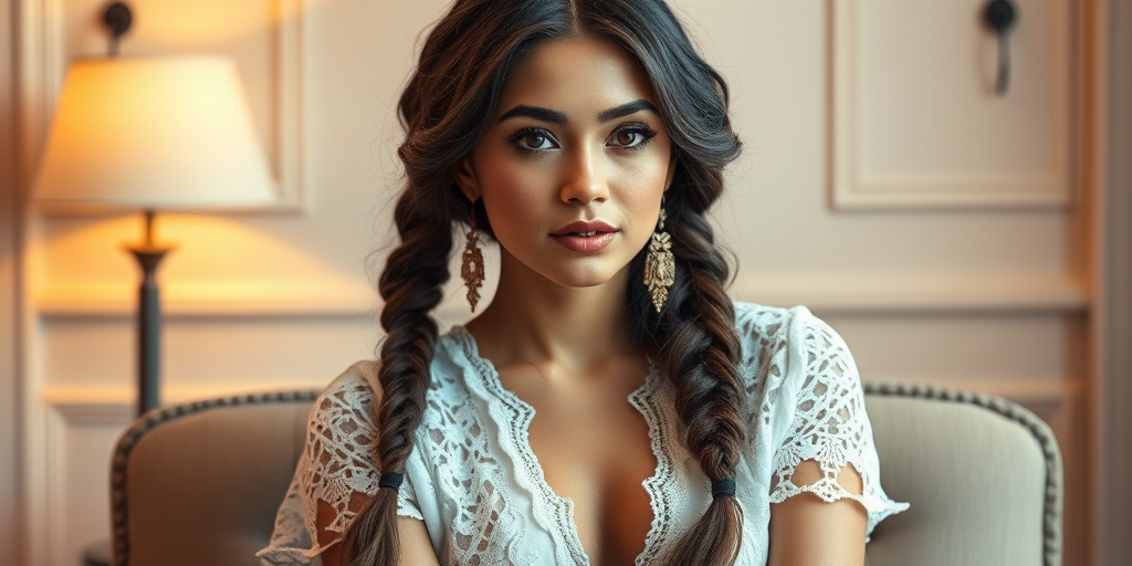 Create a portrait of a refined and elegant woman seated in a sophisticated setting. She has long, wavy hair styled in two thick braids that are pulled over her shoulders. She wears a white, lace gown with intricate patterns, featuring a deep V-neckline and short sleeves. The dress exudes a vintage charm with its delicate lacework. She is adorned with ornate, dangling earrings that add a touch of glamour to her appearance. The background is softly lit, with warm, ambient lighting that creates a cozy and inviting atmosphere. Her expression is poised and serene, capturing a sense of grace and elegance.