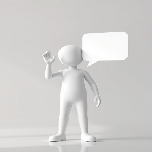 Create a 3D rendering of a white, featureless humanoid figure standing with one hand raised, accompanied by a blank speech bubble, using a Canon EOS R5 camera with an 85mm f/1.2 lens, at ISO 100, f/1.2 aperture, with soft natural lighting, and a shallow depth of field to enhance background blur.