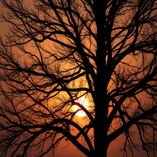 Generate a high-resolution image of a silhouette of a tree with intricate branches against a sunset background, using a DSLR camera, 50mm lens, aperture f/1.8, ISO 100, shutter speed 1/200 sec, soft focus style.