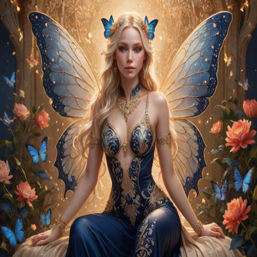 A digital artwork features a winged fairy with delicate Navy butterfly wings, adorned with intricate Beige andPlatinum patterns. She is seated on a vibrant Navy flower, wearing a revealing red two-piece outfit with sparkling beadwork. Her fair skin, long blonde hair, and gold jewelry add to her ethereal appearance. The background is a warm, golden gradient, creating a magical atmosphere. Small glowing orbs and sparkles surround the flower, enhancing the enchanting, highly detailed, and realistic scene.