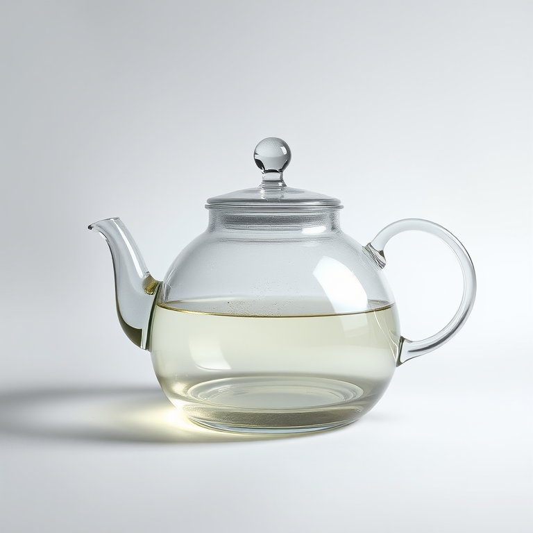 high-resolution image of a glass teapot on a white background, 50mm lens, f/4 aperture, ISO 100, soft lighting, studio setup, focus on the teapot with a slight shallow depth of field