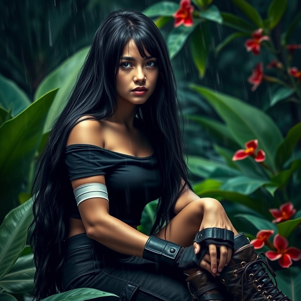 A highly detailed photograph of a woman with long black hair, sitting in the rain beneath lush green foliage. She wears a black off-the-shoulder top, fingerless gloves, and combat boots, giving her a rugged, militaristic look. Her left arm is bandaged, hinting at a recent struggle. The jungle background is vibrant, with large green leaves and red flowers contrasting against the rainy, dark sky. Fine rain droplets add realism and atmosphere to the scene.