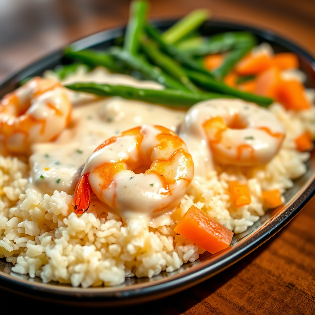 Close-up shot of a plate of shrimp with creamy sauce on a bed of fluffy white rice, garnished with green beans and diced carrots, natural lighting, aperture f/2.8, ISO 200, shutter speed 1/125s, DSLR camera, shallow depth of field.
