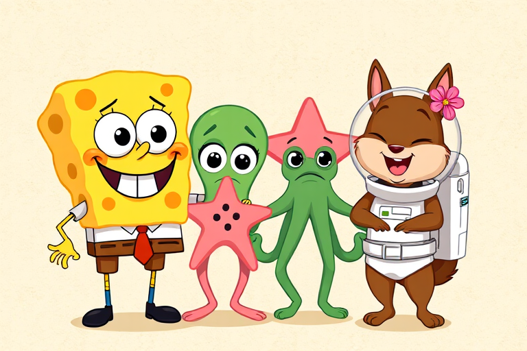 Create an illustration of four cartoon characters standing together on a textured beige background. The first character is a yellow square sponge with large eyes and a big smile wearing a brown tie. Next to him is a green octopus with a frown and large eyes. The third character is a pink starfish with a goofy smile. Lastly, there is a brown squirrel wearing a white space suit and a pink flower on her head, smiling widely.
