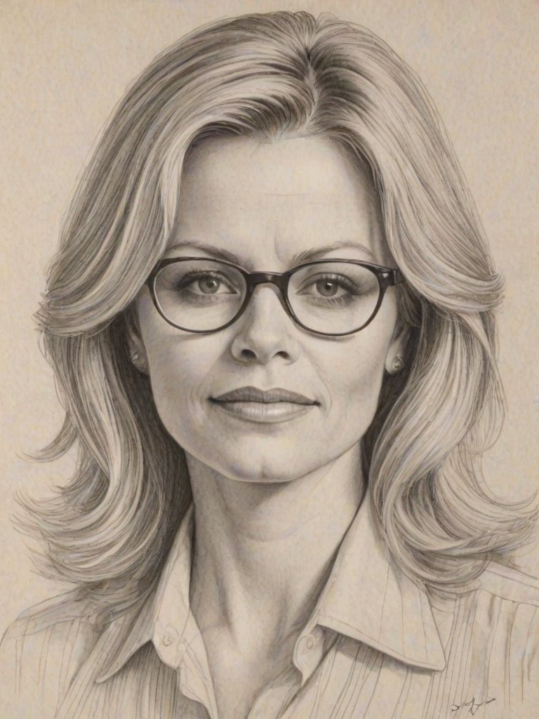 Captivating Faith Ford, pencil sketch, portrait of Fetching woman 1977s in glasses, hair style beatnik, outline, clear lines, fine lines, 8k