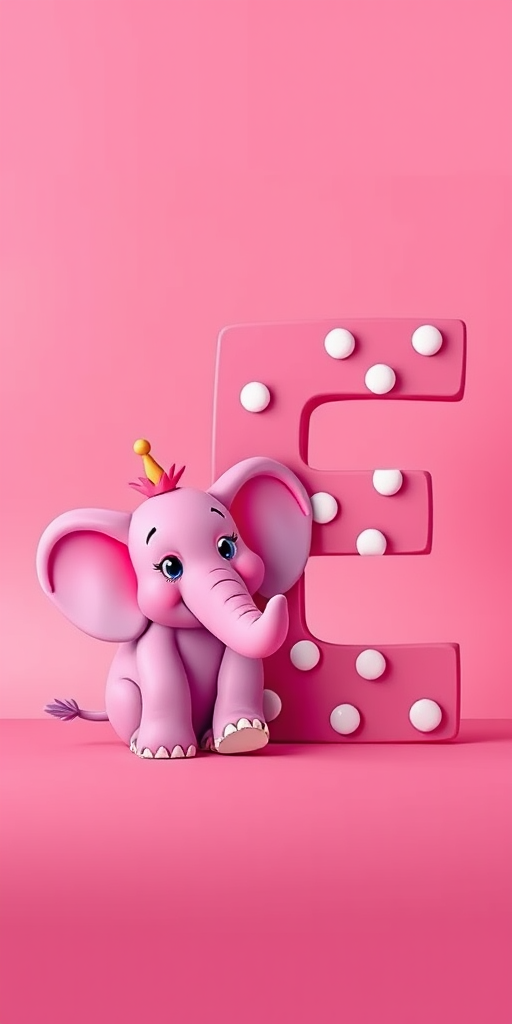 Create a colorful cartoon-style image featuring a cheerful pink elephant next to a large, vibrant letter E with polka dots, set against a gradient pink background, using a Canon EOS 5D Mark IV, 50mm lens, f/2.8 aperture, ISO 100, and a 1/125s shutter speed for enhanced clarity and detail.