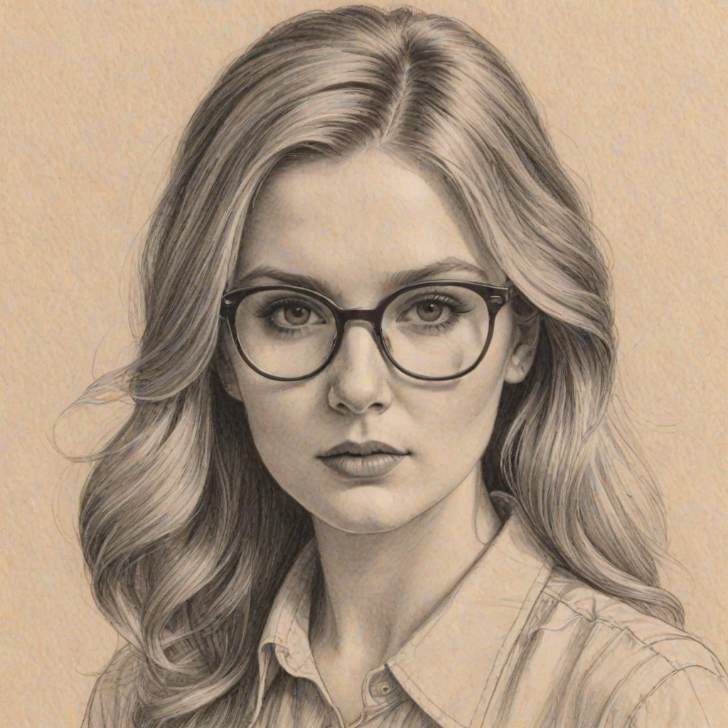 Magnificent Abigail Breslin, pencil sketch, portrait of Resplendent woman 1972s in glasses, hair style beatnik, outline, clear lines, fine lines, 8k