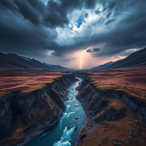 Create a dramatic landscape image of a river flowing through a valley surrounded by mountains under a stormy sky with lightning, use a Canon EOS R5 camera, set aperture to f/8, shutter speed to 1/200s, ISO 100, with a wide-angle lens at 24mm, and capture from a high vantage point to enhance depth and detail in the scene.