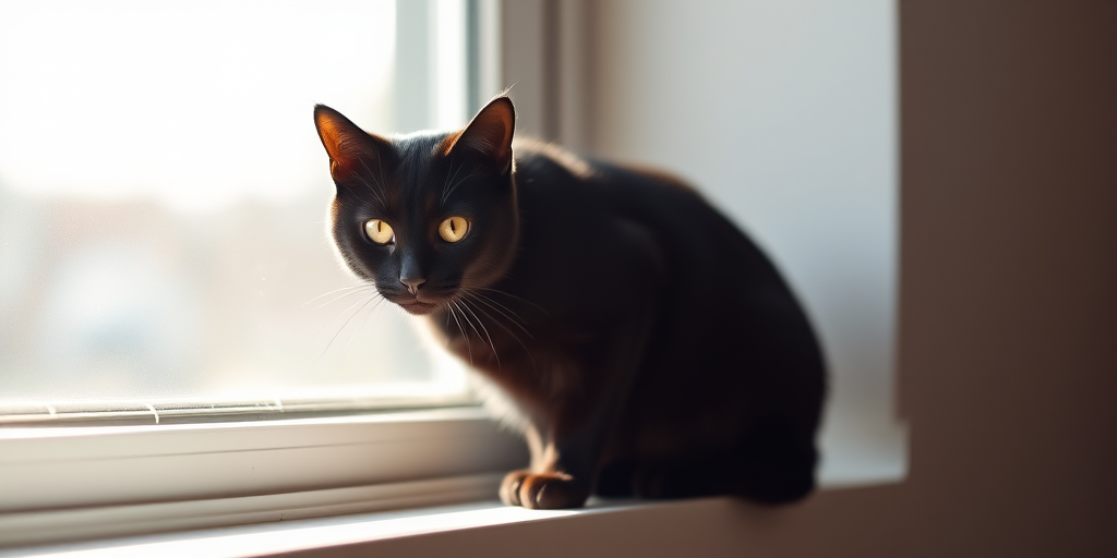 /v5/photorealistic black cat sitting on a windowsill with sunlight streaming in, 50mm lens, f/1.8 aperture, ISO 200, natural light, depth of field, DSLR camera, soft focus background