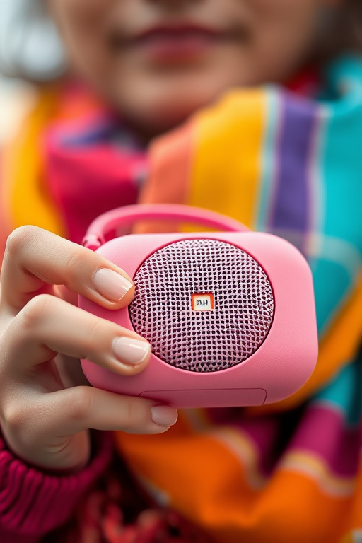Capture a close-up image of a person holding a pink portable speaker, focusing on the details of the speaker and the colorful scarf, use a Canon EOS R5 at f/2.8, 1/100s, ISO 200, with a soft bokeh background to enhance subject clarity and vibrancy.