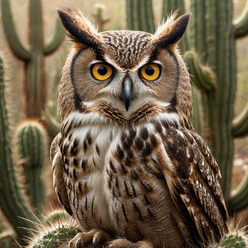 Generate an image of a majestic owl perched on a cactus. The owl should have striking yellow eyes and intricate feather patterns, showcasing a mix of browns and whites. The background should be softly blurred to emphasize the owl, capturing a bright and natural setting.