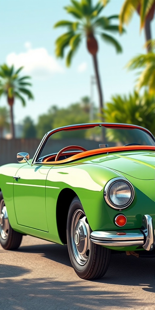 regenerate a cartoon-style illustration of a vintage green convertible sports car in a dynamic angle, using a DSLR camera at 50mm lens, aperture f/2.8, ISO 100, natural lighting with a shallow depth of field to enhance color vibrancy and detail.