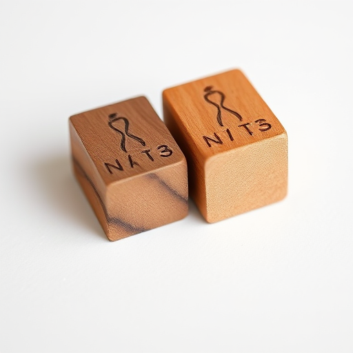 Create an image of two wooden stamps on a white background, showing detail in the grain of the wood, with a 50mm lens, f/2.8 aperture, 1/125 sec shutter speed, using a DSLR camera in macro mode for enhanced clarity and sharpness.