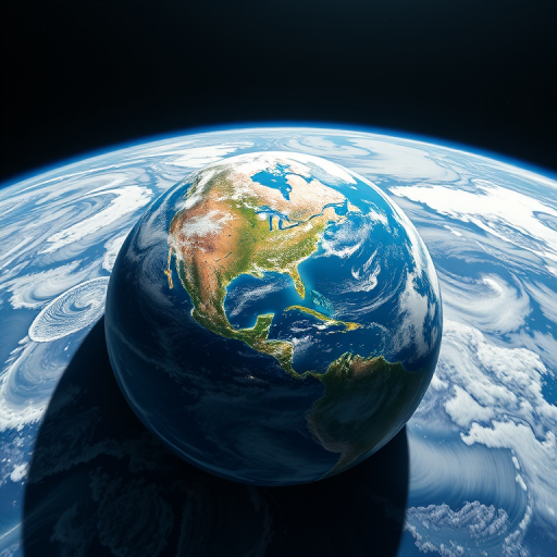 Generate a high-resolution image of Earth from space, captured with a DSLR camera, 24mm lens, f/8 aperture, ISO 100, with a wide-angle view, emphasizing vibrant colors and swirling cloud patterns in the atmosphere.
