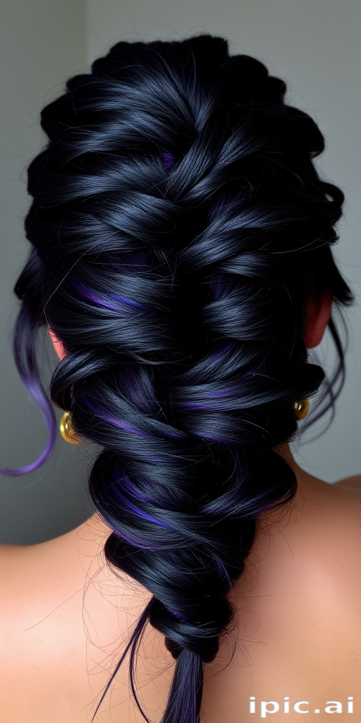 Dramatic jet black hair with hidden galaxy underlights, Cosmic Noir creation, revealing vibrant purples, blues, and silvers when styled in an updo or braids