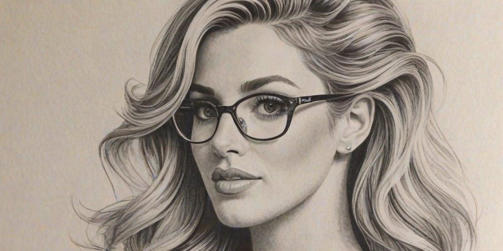 Elegant Kim Zolciak, pencil sketch, portrait of Beauteous woman 1951s in glasses, hair style beatnik, outline, clear lines, fine lines, 8k