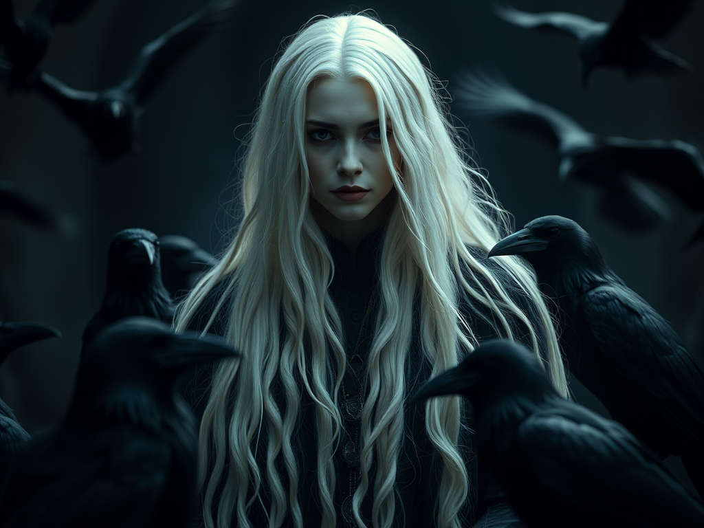 a mystic figure with long white hair in a dark, gothic setting surrounded by ravens, soft natural light, aperture f/2.8, shutter speed 1/125, ISO 100, portrait view, DSLR camera, cinematic style