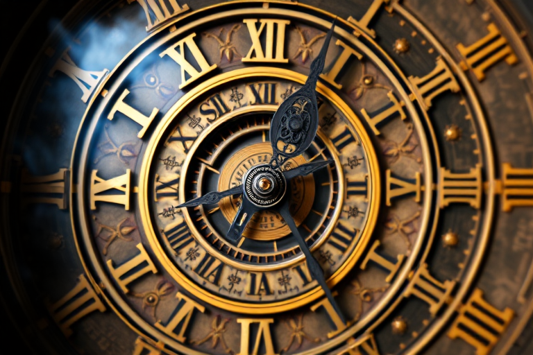 create a high-resolution image of a spiral clock face with intricate details and gold accents, captured with a Canon EOS R5 using a 50mm f/1.2 lens, aperture set to f/8, ISO 100, and a view from above to emphasize the depth and complexity of the design