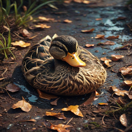 Stunning image of a cute adorable tired looking wacky duck laying flat on the ground, no emotions, moody, grainy, noisy, concept art, by Alberto Seveso, Cyril Rolando, Dan Mumford, Meaningful Visual Art, Detailed Painting, Digital Illustration,
